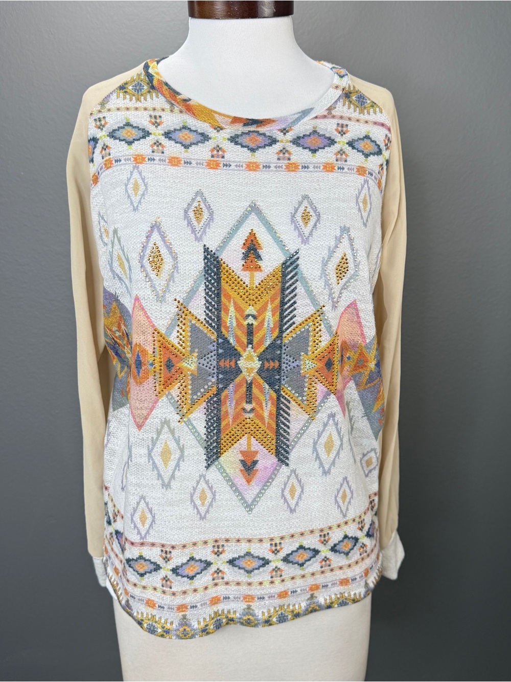 Vocal Southwest Studded Long Sleeve Top Sz M Boho Y2K Western Geometric Bling